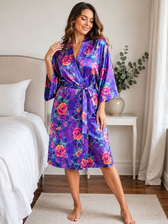 Jo Intimates Other - JO Intimates Purple Floral Mid Length Satin Robe w/belt Size M Loungewear Kimono
